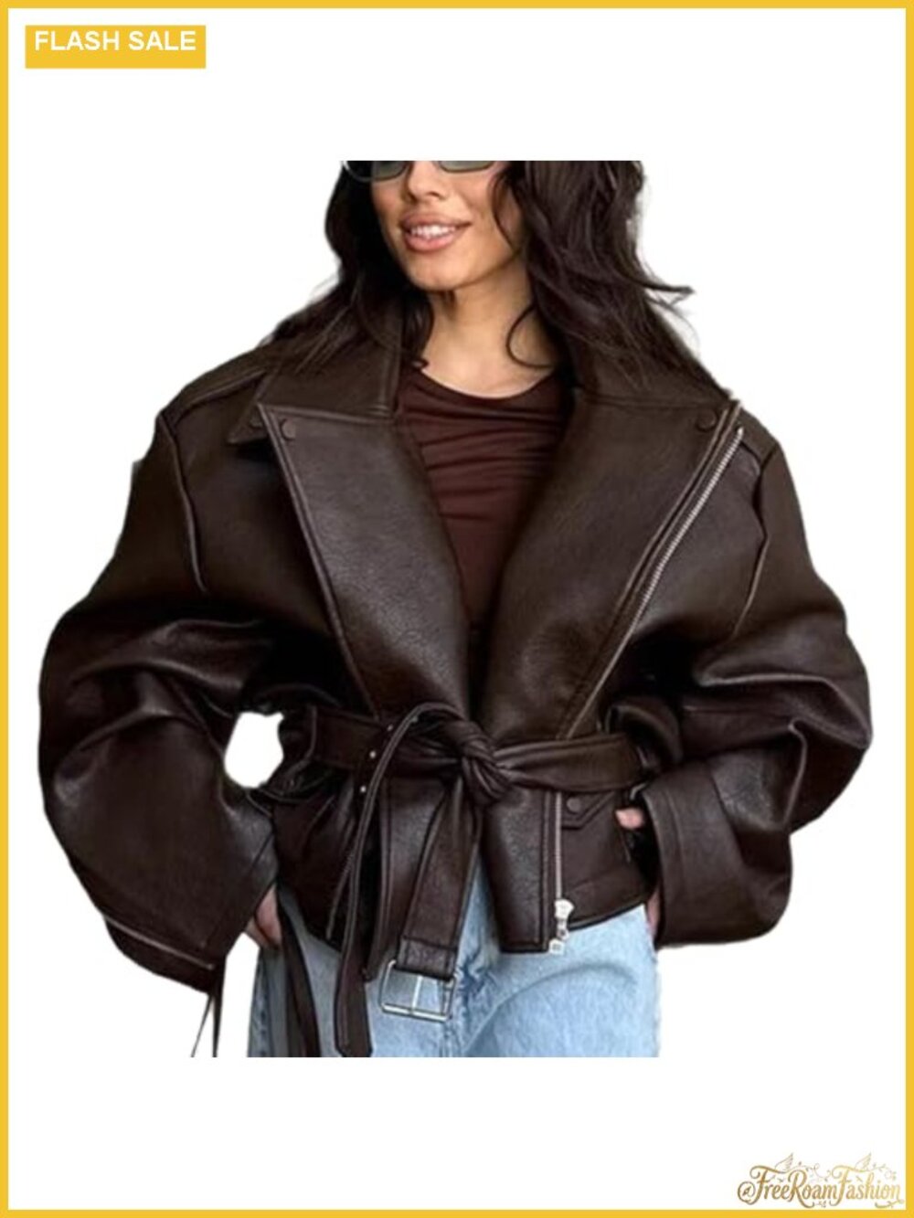 Faux Leather Cropped Moto Jacket Zip Up Belted Oversized Y2K Streetwear